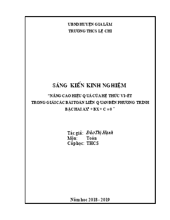 Sáng kiến kinh nghiệm Nâng cao hiệu quả của hệ thức Vi-ét trong giải các bài toán liên quan đến phương trình bậc hai AX² + BX + C = 0