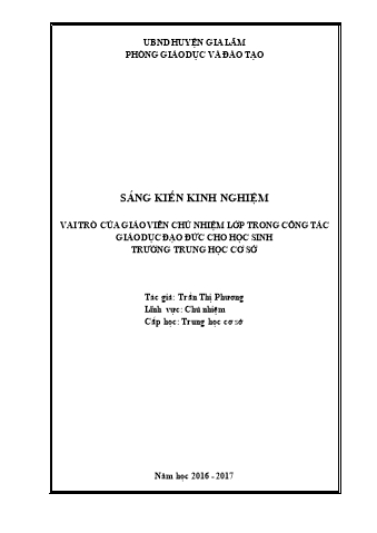 Sáng kiến kinh nghiệm Vai trò của giáo viên chủ nhiệm lớp trong công tác giáo dục đạo đức cho học sinh trường Trung học cơ sở