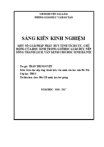 SKKN Một số giải pháp phát huy tính tích cực, chủ động của học sinh trong giờ học giáo dục nếp sống thanh lịch, văn minh cho học sinh Hà Nội